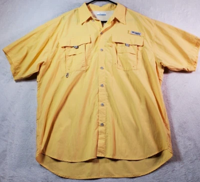 Columbia PFG Fishing Shirt Men Large Yellow Short Sleeve Logo Collar Button Down - Imagem 1 de 4