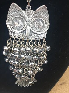Vintage Owl Necklace Silver Pendant Chain Rhinestones Charm Novelty Jewelry - Picture 1 of 9