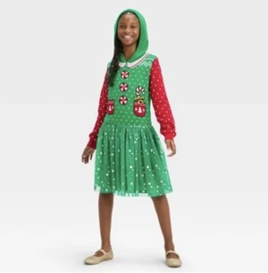 Girls' Holiday Christmas Elf Sweater Tutu Dress With Hood - Green L - Picture 1 of 4