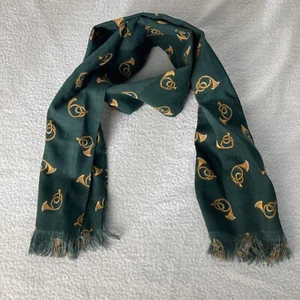 Womens Long Scarf Green w Gold Hunting Horns Woven Fringed Two Layer 42x6 In - Picture 1 of 4
