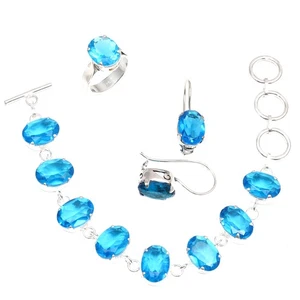 Swiss Blue Quartz Gemstone Ethnic Jewelry Bracelet set 7-8'' - Picture 1 of 6