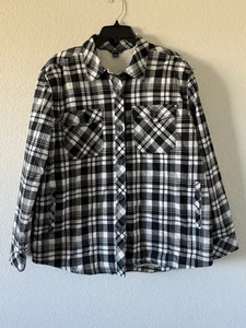 EDDIE BAUER Women's Large Microfleece Button Up Flannel Shirt Jacket Black Plaid - Picture 1 of 9