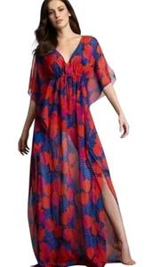 Tory Burch Kaftan Damen Kleid 100 % Seide Blumenmuster blau lang Medium Large neu mit Etikett - Bild 1 von 15