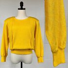 Vintage 80s Glam Bright Yellow Fish Scale Knit Sweater Wide Padded Shoulders Med