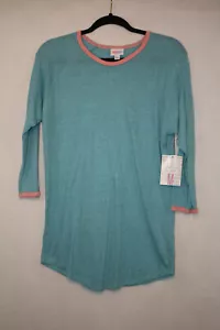 NWT LuLaRoe Size M Top Randy Tee Heather Aqua 3/4 Raglan Sleeves Peach RInger - Picture 1 of 4