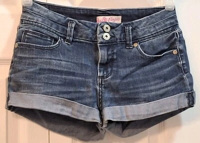 Pantalones Cortos de Jean Azul Envejecidos Caramelos Denim Cortos Tiro Bajo Elastizados Puños Botón Foto 1 de 4