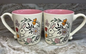 Large Coffee Mug Hopping Bunny, Butterfly And Flowers Set Of 2 Pink 17 oz. New - Picture 1 of 9