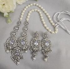 silver Indian Pakistani Jewellery Set polki long mala rani haar tikka Earring