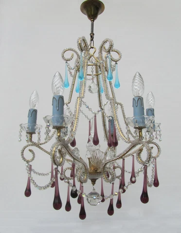 Vintage Italian Crystal Beaded 6-light Chandelier, Purple & Azure drops Cover