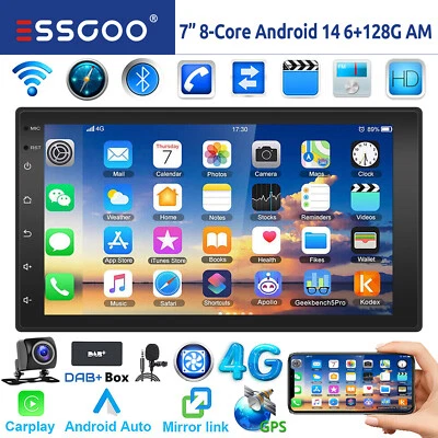 6+128G DAB+ Autoradio Android 14 Carplay GPS NAVI RDS Bluetooth Mik Kamera 2 DIN - Bild 1 von 4