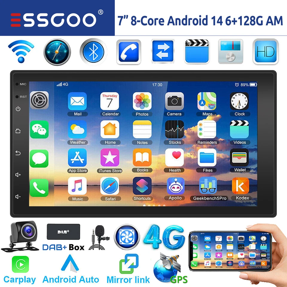 6+128G DAB+ Autoradio Android 14 Carplay GPS NAVI RDS Bluetooth Mik Kamera 2 DIN - Bild 1 von 4