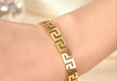 NEW WOMEN'S  GREEK KEY BANGLE  BRACELET STAINLESS STEEL YELLOW GOLD COLOR - Image 1 of 4