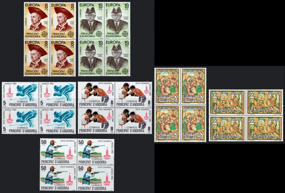Andorra Esp. - Edi ** 133/9 Bl. 4 - Año 1980 - 7 valores en bloque de 4 - Imagen 1 de 1