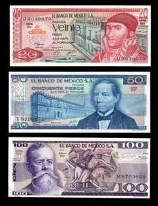Mexico 3PCS SET 20 50 100 Pesos 1977/1982 P64-67-74 UNC - Picture 1 of 2