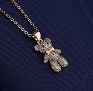 Sparkling Teddy Bear Pendant Rose Gold Pave Cubic Zirconia Chain Necklace - Picture 1 of 2