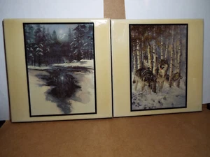 Pair 8"X8" Art Ceramic Tile Set by A.R.T. Company Moon Solo September Snow Wolf - Picture 1 of 6