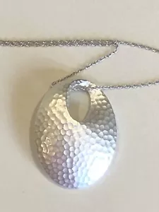 Oval Organic Shape Hammered Satin Finish Pendant with Chain, Sterling Silver 925 - Picture 1 of 12