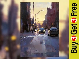 Urban Sunset Street 5"x7" Print on Matte Paper | Atmospheric Cityscape Painting - Picture 1 of 18