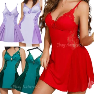 Womens Sexy Lace Lingerie Sleepwear V-Neck Sling Strap Dress Nightgown Full Slip - Picture 1 of 39