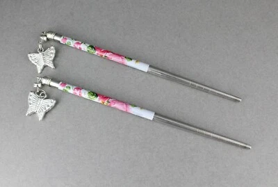 Pink set 2 dangle butterfly floral hair chop sticks picks pins 6 1/8" long - Image 1 of 4