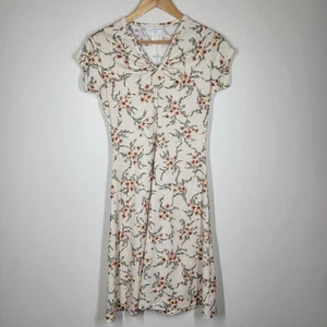 Vintage 70s Sears Cream Floral A-Line Short Sleeve Dress V-Neck 12 Union Made - Picture 1 of 10