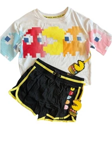 Justice Mädchen Pac-Man 2-teiliges kurz geschnittenes Shorts Set – Größe M 10 Grafik T-Shirt schwarz - Bild 1 von 12
