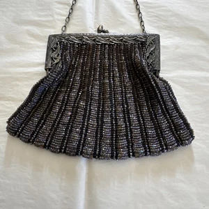 Antique 1920s Art Deco Iridescent Beaded Flapper Purse – Black Silver Purple Bag - Picture 1 of 7