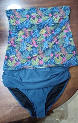 Tankini Blue Floral Patterned Sz 14  with Kiniki Sarong skirt Wrap - Image 1 of 4