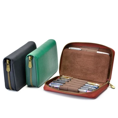 Estuche con soporte para pluma estilográfica de cuero de 10 ranuras, bolsa con cremallera hecha a mano negra, verde Foto 1 de 4