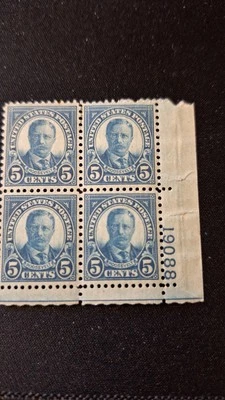 Scott #637, M/F/NH, Roosevelt, 5 cent, #Blk of 4, Dark Blue, 1927, perf 11x10.5 - Image 1 of 3