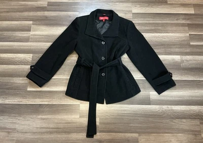 Chaquetón Anne Klein para mujer negro de un solo pecho mezcla de lana con cinturón L elegante elegante Foto 1 de 4