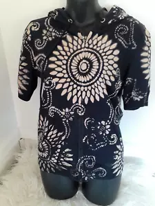 Lucky Brand Short Sleeve Hoodie Dark Navy Floral Design Pocket Womens Size SM - Picture 1 of 8