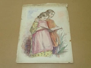*** Fillettes AVE MARIA *** Dessin Aquarellé Ancien Original - Signé A. Bouillet - Picture 1 of 5