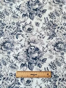Per HALF METRE Dusty Navy Blue Handdrawn Floral on Offwhite Cotton Fabric - Picture 1 of 3