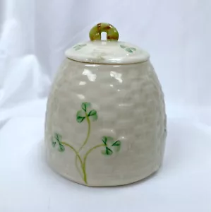 Belleek Kleeblattkorb gewebt bedecktes Glas Bienenstock Honig 6. grüne Mark 1965-80 - Bild 1 von 9