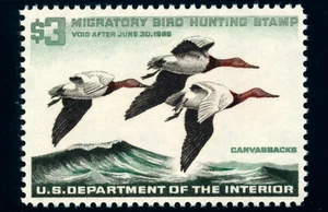 US RW32 $3 1965 Hunting Permit Stamp Three Canvasback Drakes VF-XF NH - Picture 1 of 2