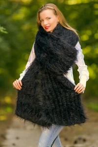 Thick black fuzzy mohair scarf extra long shawl handknit neck warmer SUPERTANYA - Picture 1 of 10