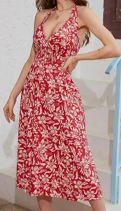 NEW Loemes Women's Red Floral Halter Midi Sundress w/ Pockets Size Large - Picture 1 of 2