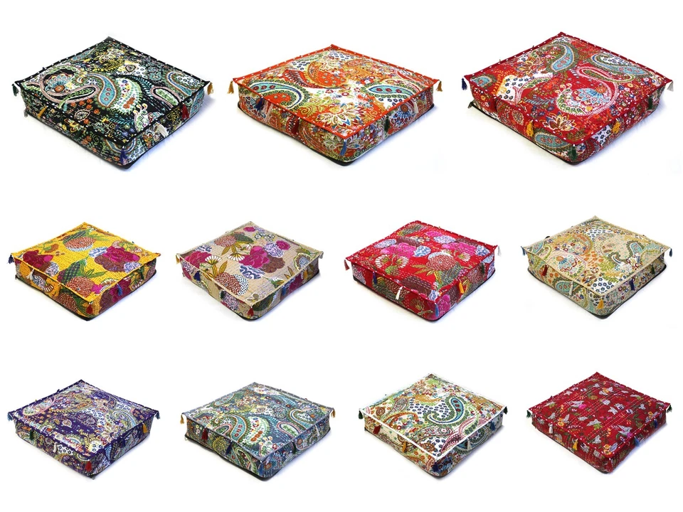 Multicolor Kantha Cushion Box Cover Square Floor Decorative Cushion Cover US - Image 1 of 1