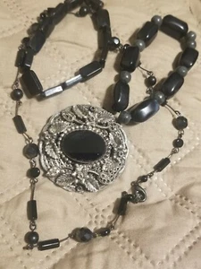 Sterling 925 Silver Pendant Filigree Brooch Pin Blk onyx Glass Art Nouveau & ll - Picture 1 of 12