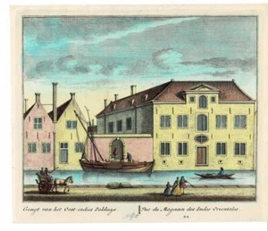 1736 HAND-COLORED COPPERPLATE ENGRAVING of the EAST INDIA WAREHOUSE IN DELFT - Picture 1 of 1