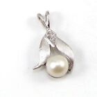 Solid 14K White Gold 5mm White Pearl Natural Diamond Accent Pendant