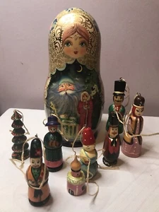Russian Nesting Doll W/8 Ornaments Matryona Grandpa Frost Signed Vintage RARE - Picture 1 of 15