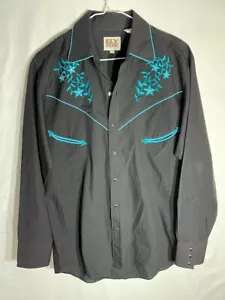 Ely Cattleman Western Shirt Black Blue Embroidered Floral Snap Button M Medium - Picture 1 of 8