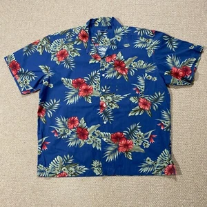 VINTAGE Hawaiian Shirt Mens Large Blue Leaf Aloha Floral Pattern Cotton - Picture 1 of 9