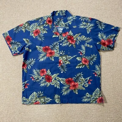 VINTAGE Hawaiian Shirt Mens Large Blue Leaf Aloha Floral Pattern Cotton - Image 1 of 4
