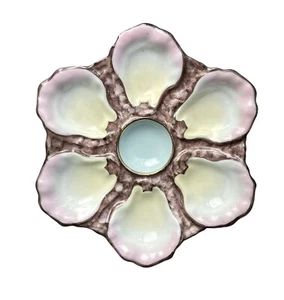 Antique Oyster Plates pair  6 well  blue center - Picture 1 of 6