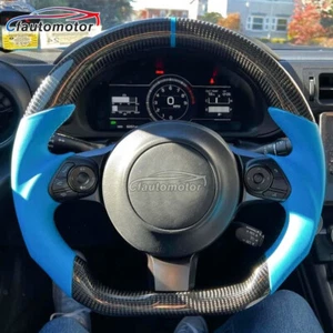Real Carbon Fiber Steering Wheel Fit 2016-2023 Toyota 86 Subaru BRZ Blue Leather - Picture 1 of 6