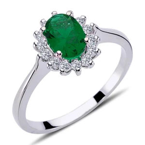 Anillo sémeralda ovalada de diamantes Halo oro blanco 14 quilates - Imagen 1 de 6