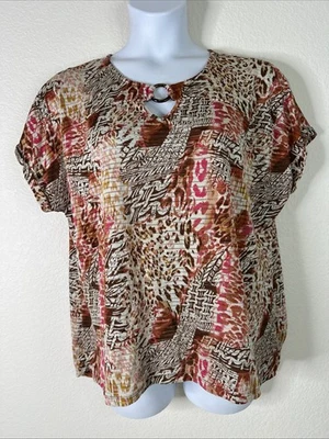 Cato Womens Plus Size 18/20W (1X) Animal Print Sheer Striped Top Short Sleeve - Image 1 of 4